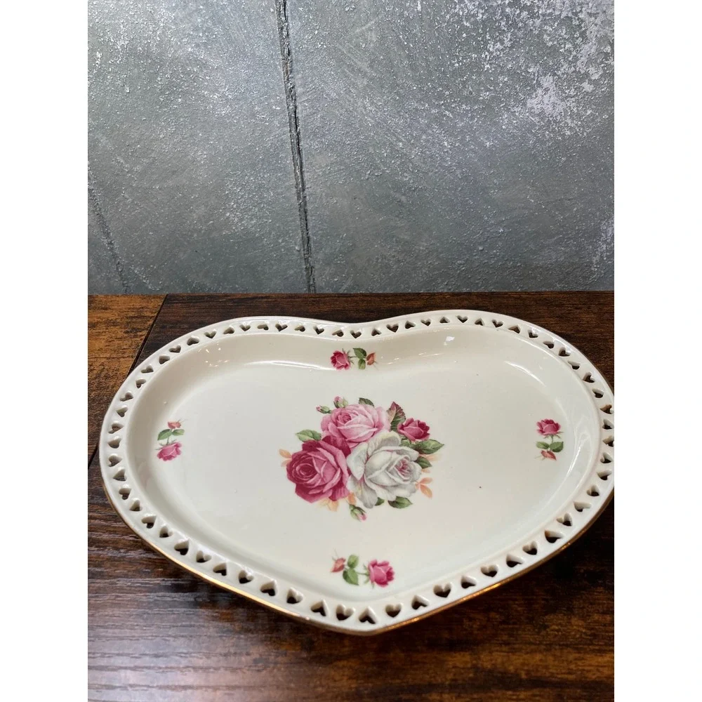 Vintage Heart Shaped Floral Trinket Dish Pink Roses Reticulated Heart Border